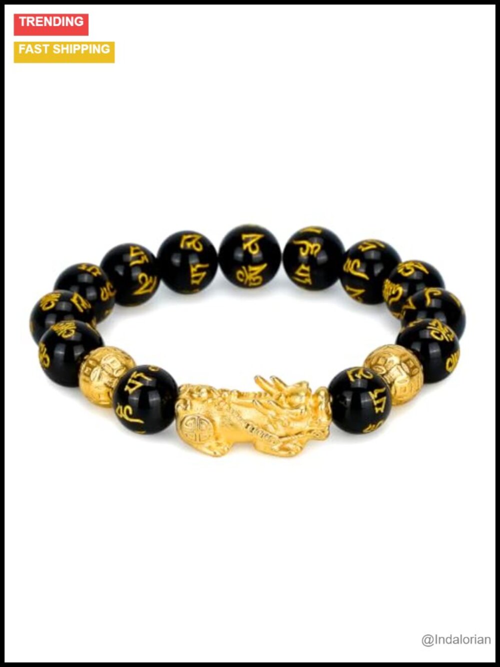 Feng Shui Pixiu Bracelet Black Obsidian Gold Mantra Beads Adjustable